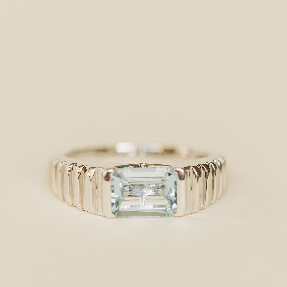 Ring with 8X6MM Emerald Cut Aquamarine in 14kt White Gold