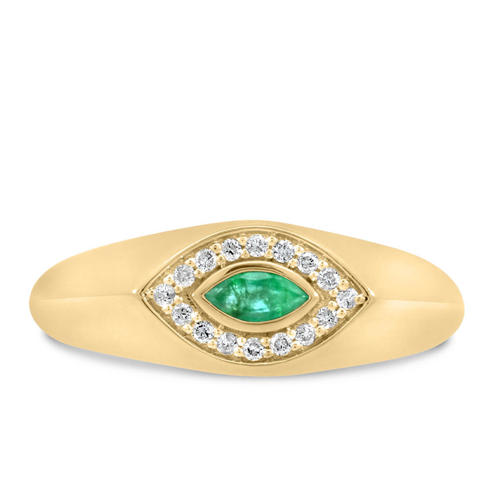 4.5x2.5MM Marquise-Cut Emerald Evil Eye Ring with .09 Carat TW of Diamonds in 10kt Yellow Gold