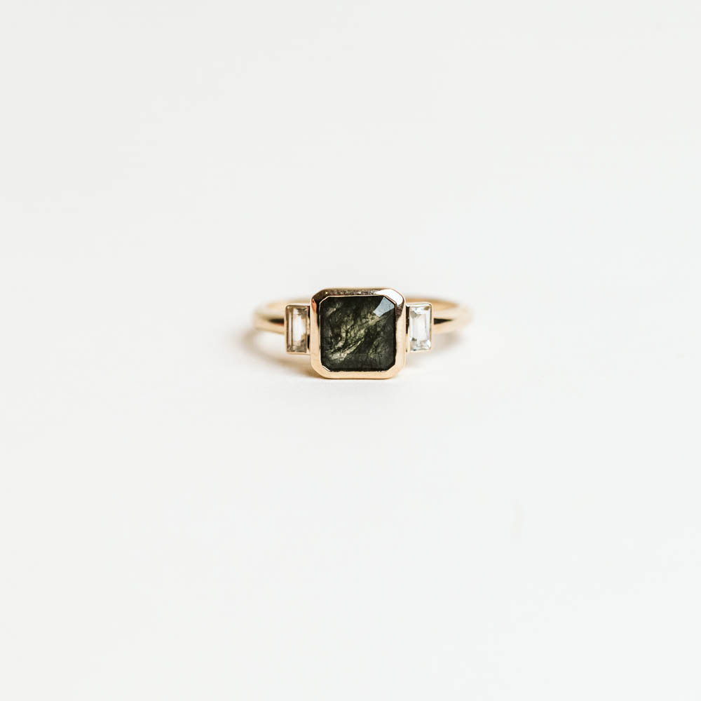 Moss Agate &amp; White Topaz Ring in 14KT Yellow Gold