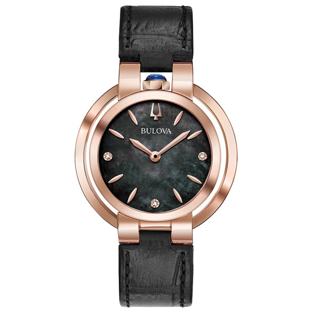 Bulova Women's Rubaiyat Black Leather Strap Rose Tone Bezel Watch