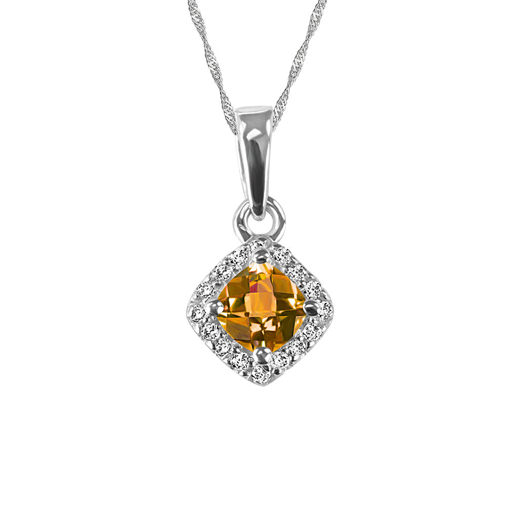 10KT White Gold Diamond And Citrine Pendant With Chain