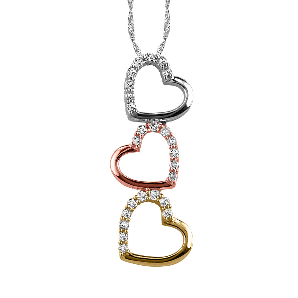 3 Heart Pendant with .20 Carat TW of Diamonds in 10kt White Yellow and Rose Gold with Chain