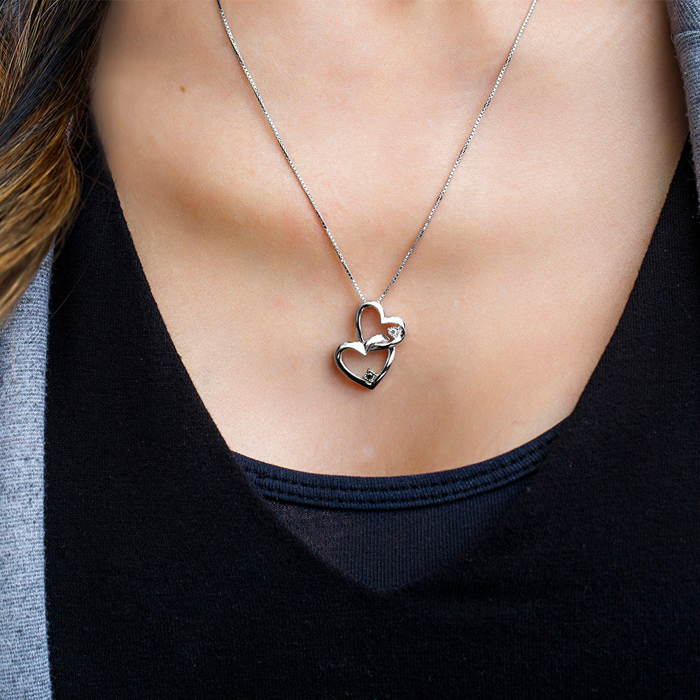 Double Heart Pendant with .03 Carat TW of Black and White Diamonds in Sterling Silver with Chain