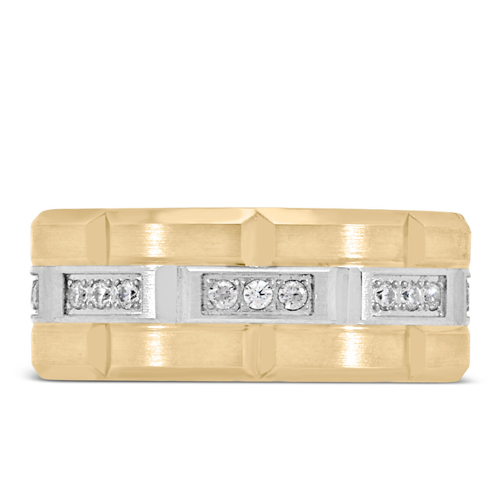 9MM Brick Motif Comfort Fit Wedding Band with .27 Carat TW of Diamonds in White and Yellow Gold