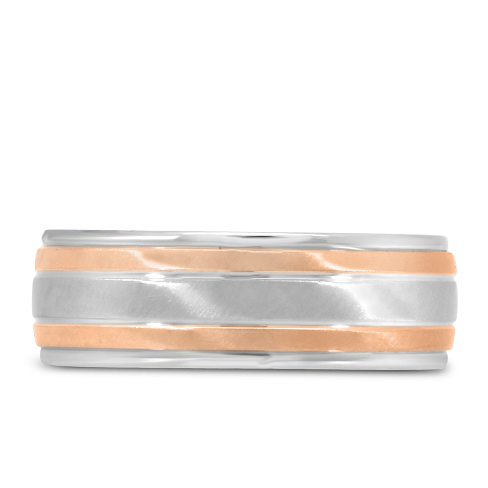 7MM Scratch Finish Comfort Fit Wedding Band in White and Rose Gold