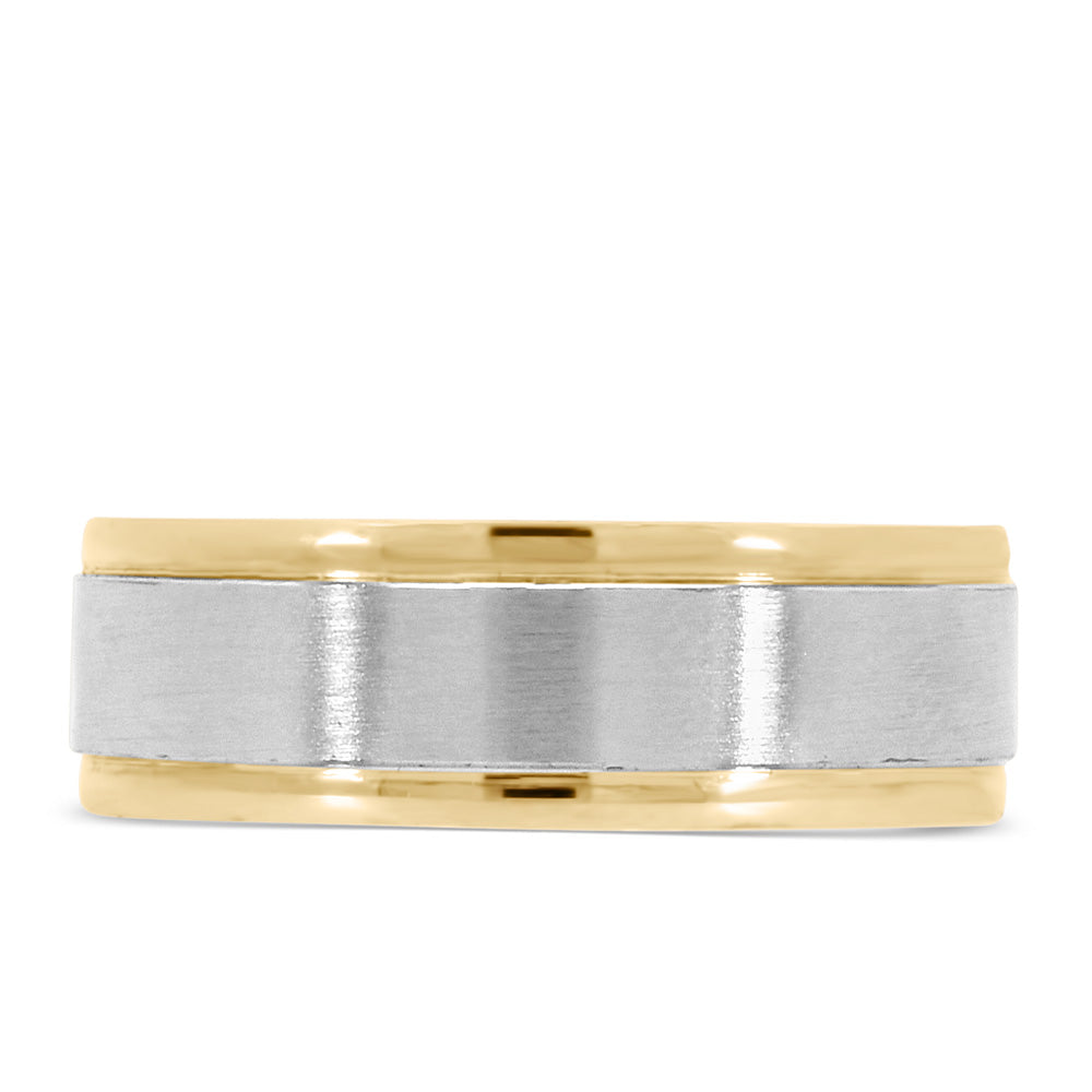 7MM Satin Finish Comfort Fit Wedding Band in White and Yellow Gold