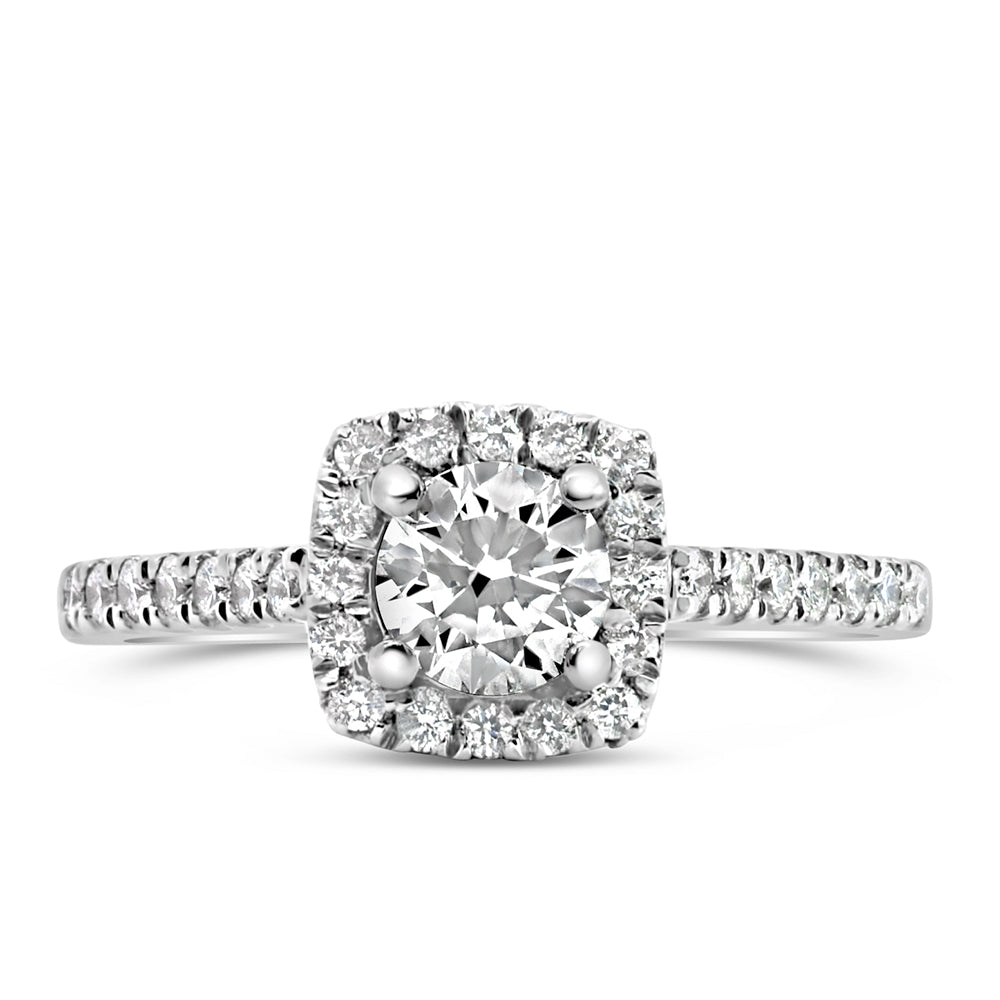 Northern Facet Ideal Cut Halo Engagement Ring, beautifully crafted in 18kt White Gold and adorned with a total of .83 Carats of sparkling Diamonds