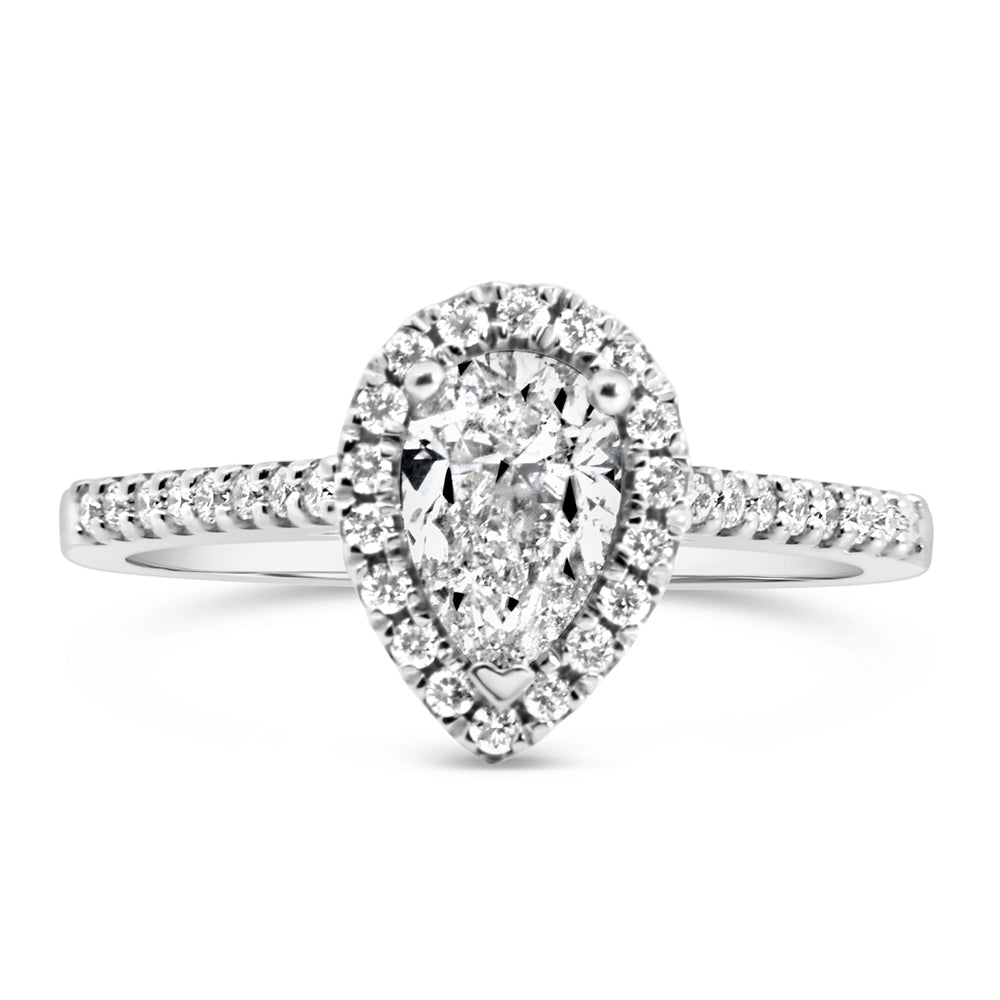 Fire of the North Halo Engagement Ring, crafted in 18kt White Gold and adorned with a total of .91 Carats of sparkling Diamonds