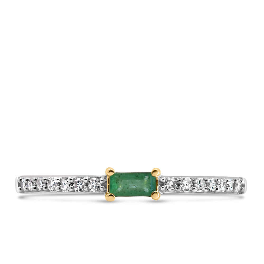 Ring with 4X2MM Emerald Cut Green Emerald and .15 Carat TW of Diamonds in 10kt Yellow Gold