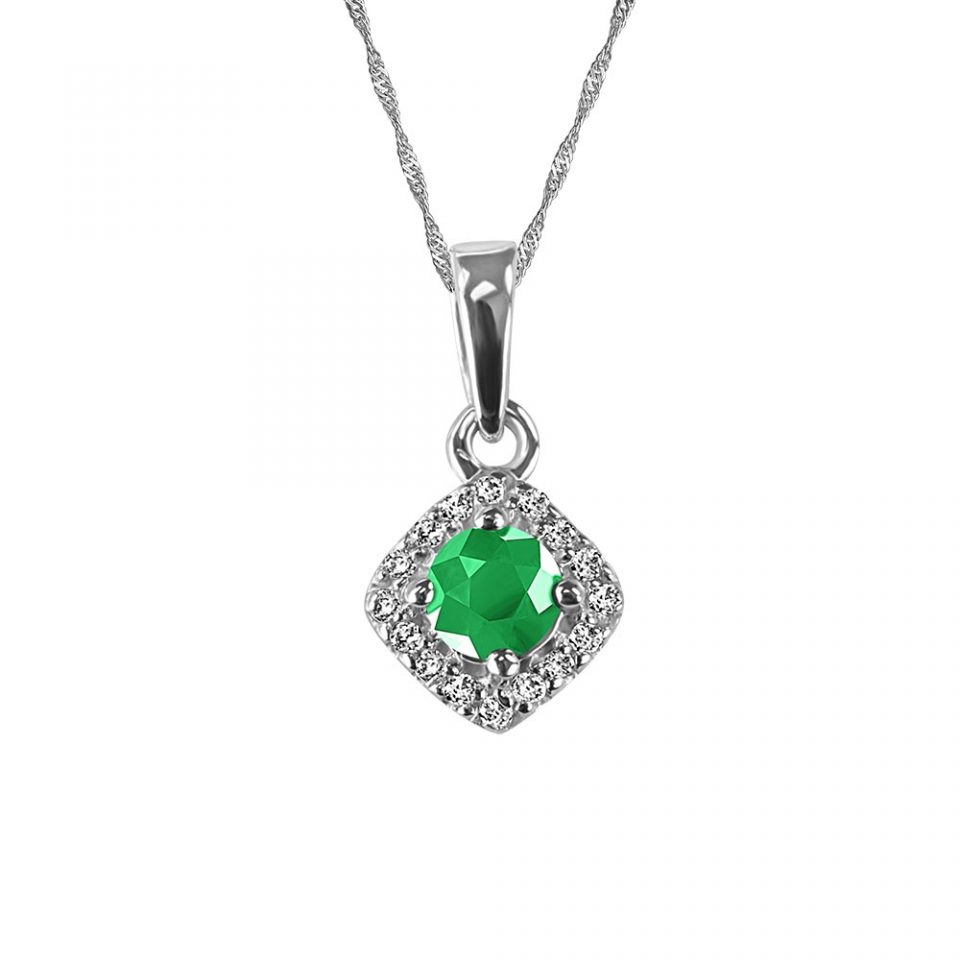 10KT White Gold Diamond And Emerald Pendant With Chain