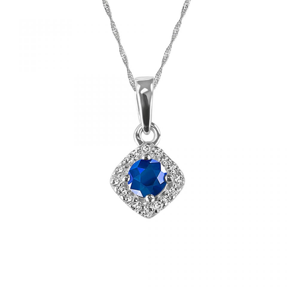 Pendant With .08 Carat TW Of Diamonds And Blue Sapphire In 10kt White Gold With Chain
