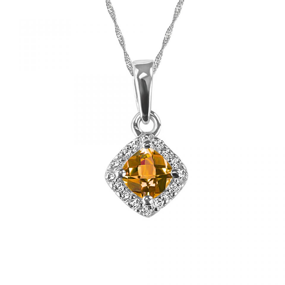 10KT White Gold Diamond And Citrine Pendant With Chain