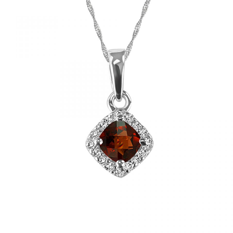 10KT White Gold Diamond And Garnet Pendant With Chain