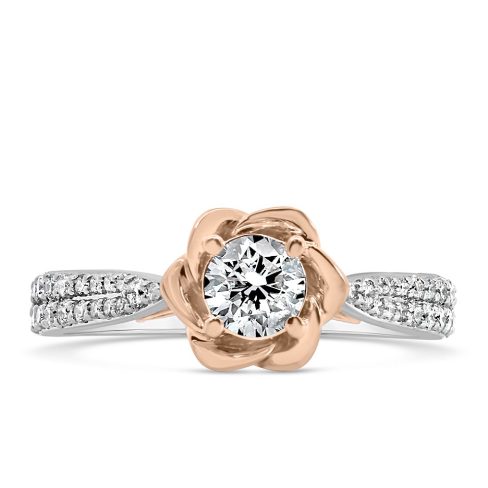 Enchanting Belle Engagement Ring sparkling with 0.75 carats of diamonds, crafted in a magical blend of 14kt white and rose gold