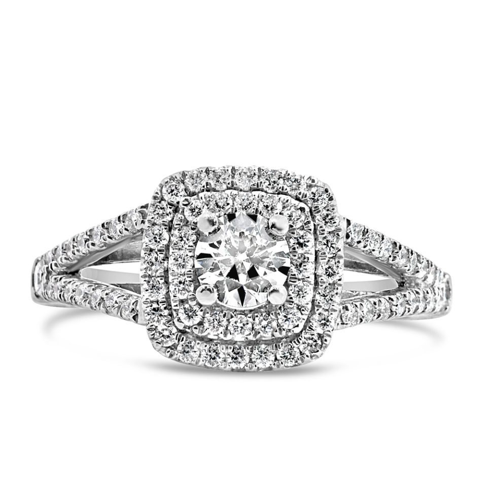 Northern Facet Ideal Cut Halo Engagement Ring, adorned with a total of 0.84 Carats of sparkling Diamonds, set in elegant 18kt White Gold