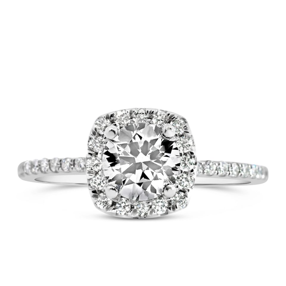 Halo Engagement Ring with .70 Carat TW of Diamonds in 18kt White Gold
