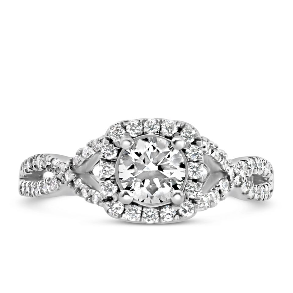 Halo Engagement Ring with .82 Carat TW of Diamonds in 18kt White Gold