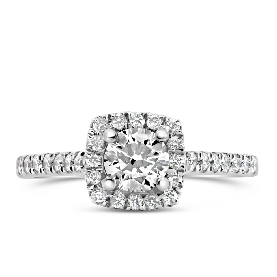 Northern Facet Ideal Cut Halo Engagement Ring, beautifully crafted in 18kt White Gold and adorned with a total of .83 Carats of sparkling Diamonds