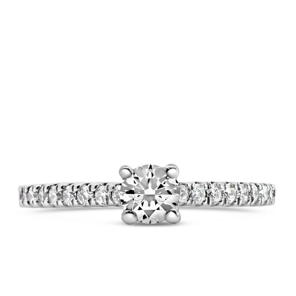 Northern Facet Ideal Cut Halo Engagement Ring, set in 18kt White Gold and embellished with a total of .57 Carats of sparkling Diamonds