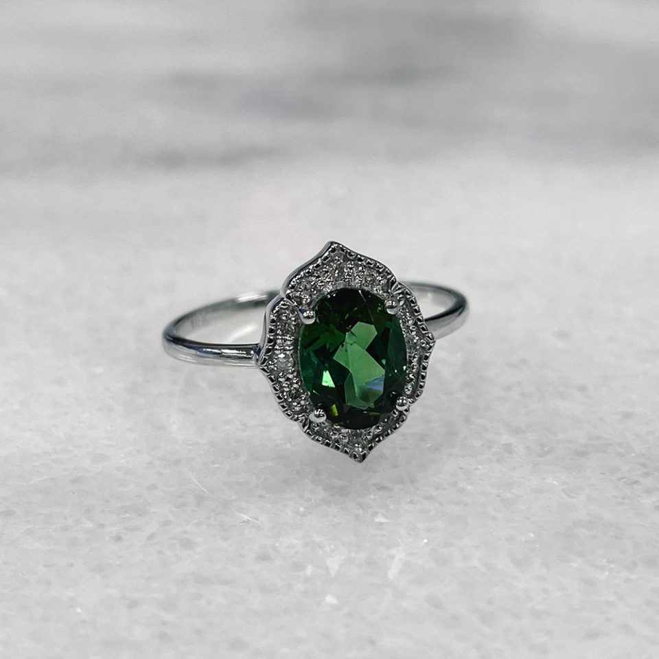 Ring with 8X6MM Oval Green Tourmaline and .08 Carat TW of Diamonds in 10kt White Gold