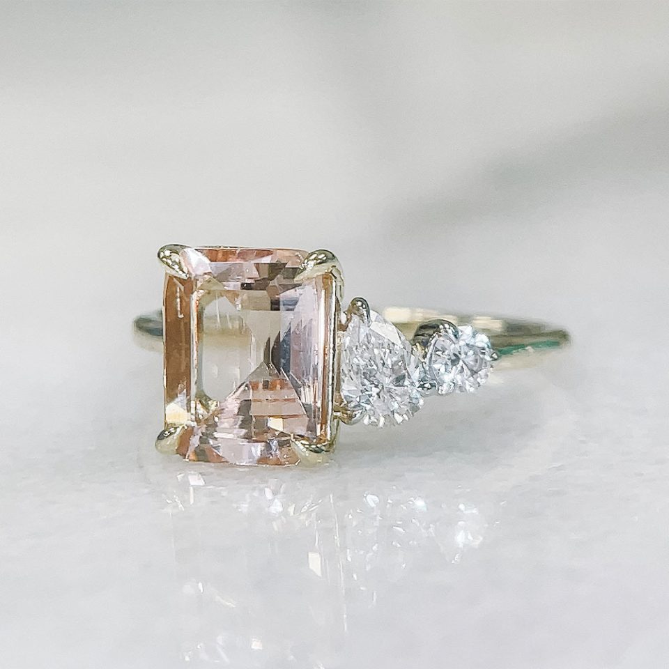 Ring With 9X7MM Emerald Cut Morganite And .33 Carat TW Of Diamonds In 14kt Yellow Gold