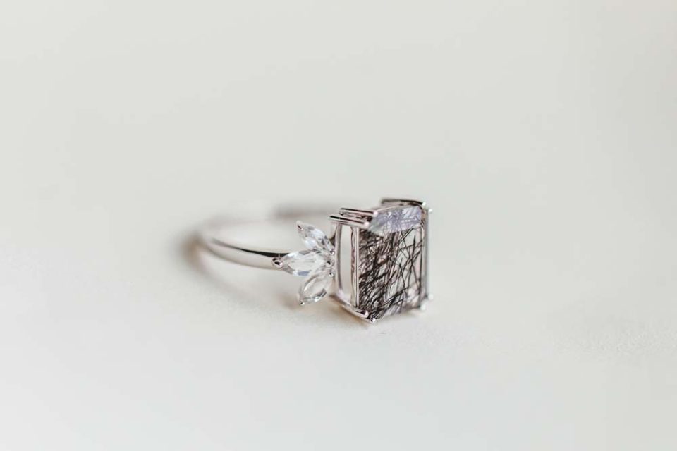 Ring With 10X8MM Emerald Cut Rutilated Quartz And White Topaz In 14kt White Gold