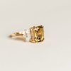 Ring with 10X8MM Emerald Cut Olive Green Topaz and White Topaz in 14kt Yellow Gold