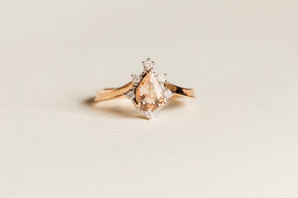 Ring with 7X5MM Pear Morganite and .10 Carat TW of Diamonds in 14kt Rose Gold
