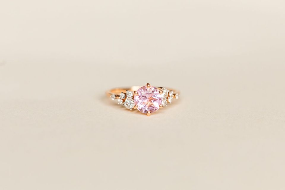 Ring 7MM Round Pink Amethyst and .20 Carat TW Diamonds in 14kt Rose Gold