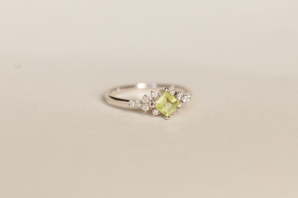 Ring with 4X4MM Princess Cut Peridot and .12 Carat TW of Diamonds in 14kt White Gold