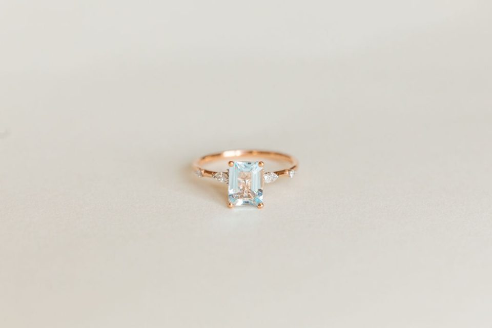 Ring 8X6 Aquamarine and .12 Carat TW Diamonds in 14kt Rose Gold
