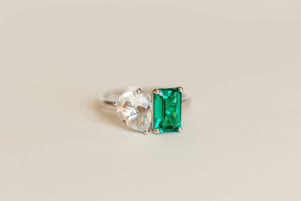 Toi et Moi Ring with Created Emerald and White Topaz in 14kt White Gold