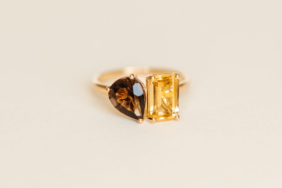 Toi et Moi Ring with Smokey Quartz and Citrine in 14kt Yellow Gold