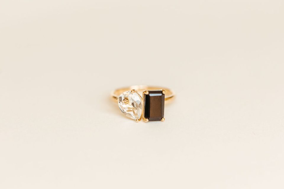 Toi et Moi Ring with Onyx and White Topaz in 14kt Yellow Gold