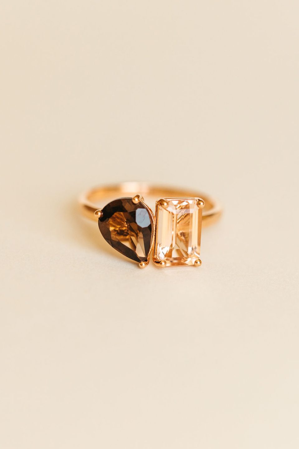 Toi et Moi Ring with Morganite and Smokey Quartz in 14kt Rose Gold