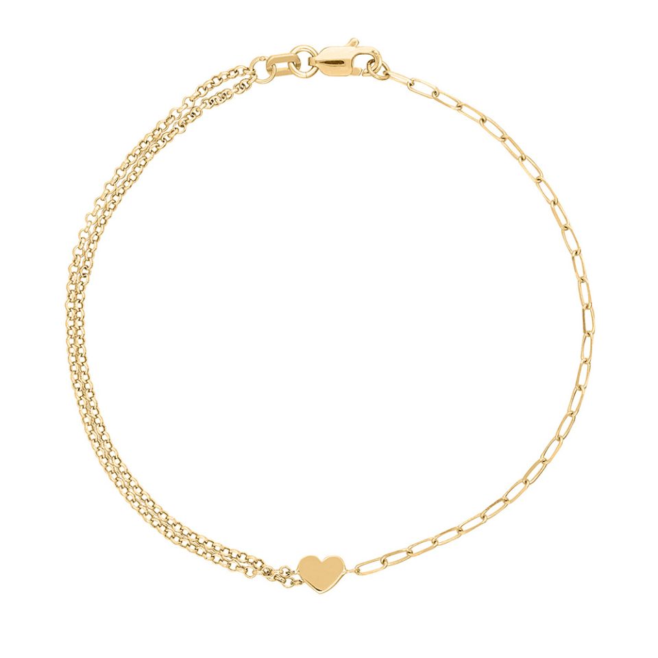7.5″ Paperclip / Rolo Chain Mini Heart Bracelet in 10kt Yellow Gold