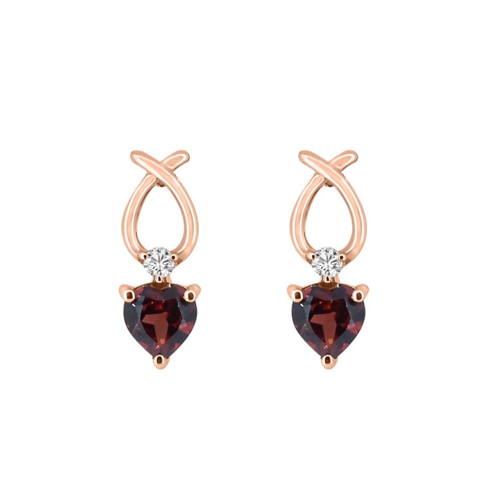 Heart Earrings with .03 Carat TW of Diamonds and Garnet in 10kt Rose Gold