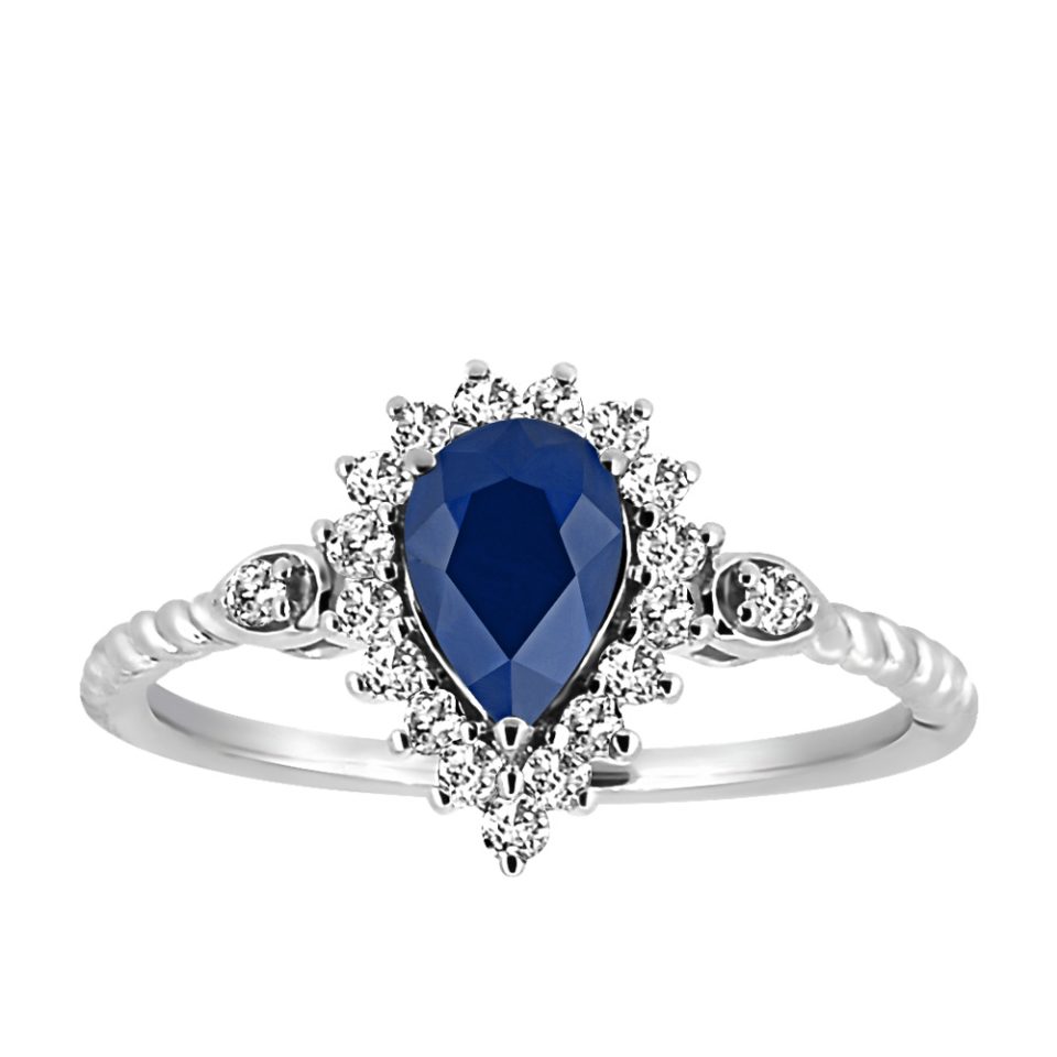 Ring with 7X5MM Pear Shaped Blue Sapphire and .26 Carat TW of Diamonds in 10kt White Gold