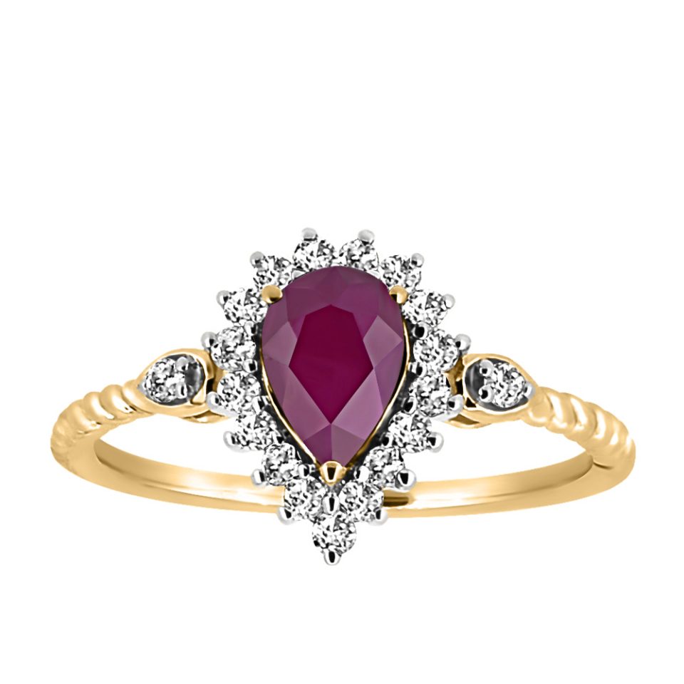 Ring with 7X5MM Pear Shaped Ruby and .26 Carat TW of Diamonds in 10KT Yellow Gold