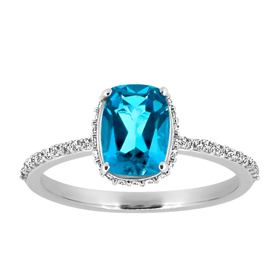 Ring with 6X8MM Cushion Cut London Blue Topaz and .25 Carat TW of Diamonds in 10kt White Gold