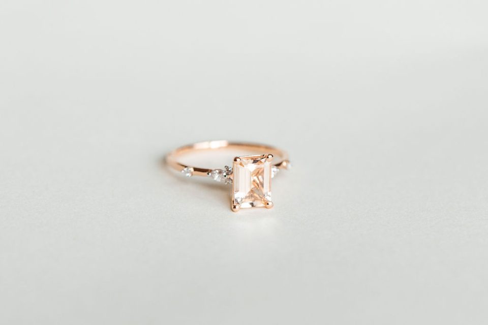 Ring with 8X6MM Emerald Cut Morganite and .12 Carat TW Diamonds in 14kt Rose Gold