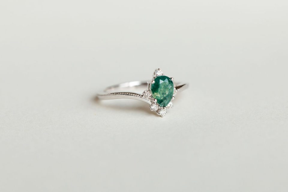 Ring with 7X5MM Pear Shape Moss Agate and .12 Carat TW Diamonds in 10kt White Gold