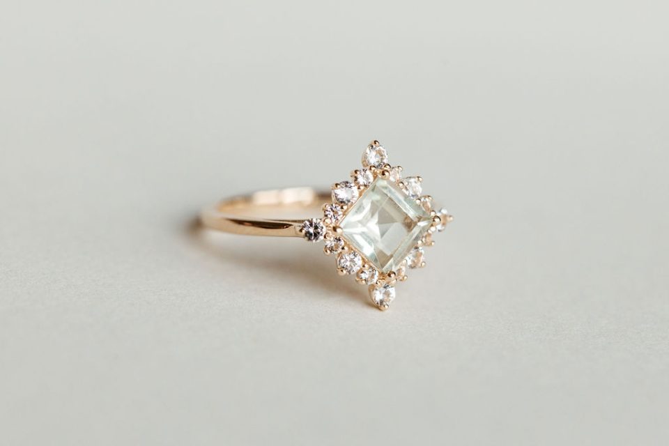 Ring with 6MM Square Cut Green Amethyst and White Topaz in 10kt Yellow Gold
