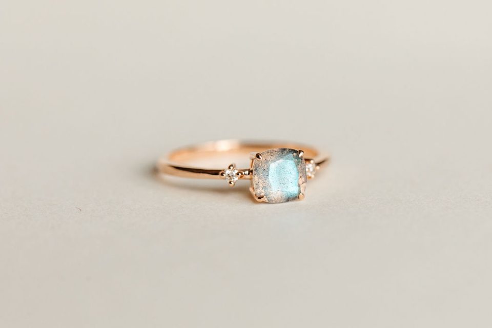Ring with 6MM Cushion Labradorite and .04 Carat TW Diamonds in 10kt Rose Gold