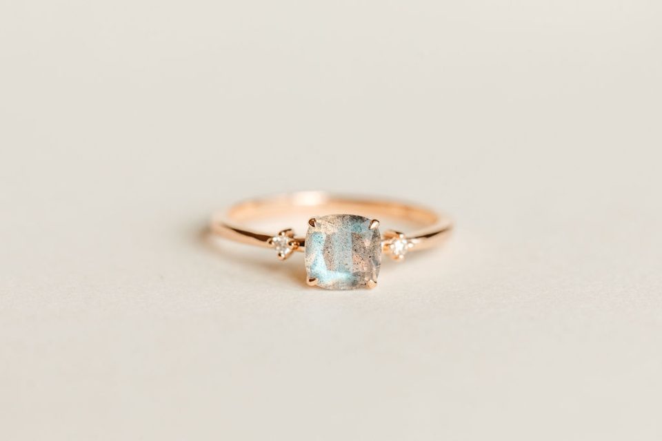 Ring with 6MM Cushion Labradorite and .04 Carat TW Diamonds in 10kt Rose Gold