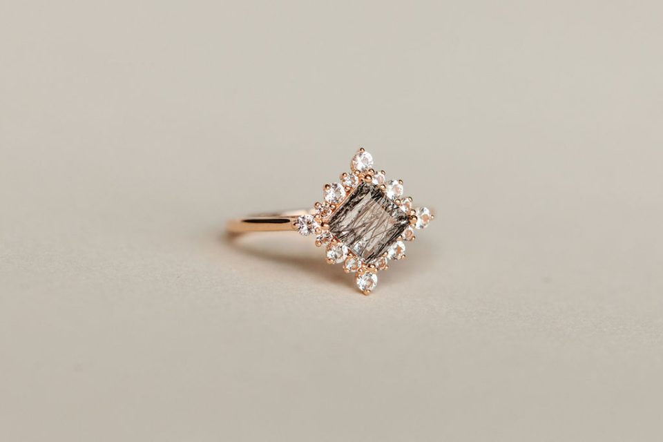 Ring with 6MM Square Cut Rutilated Quartz and White Topaz in 10kt Rose Gold