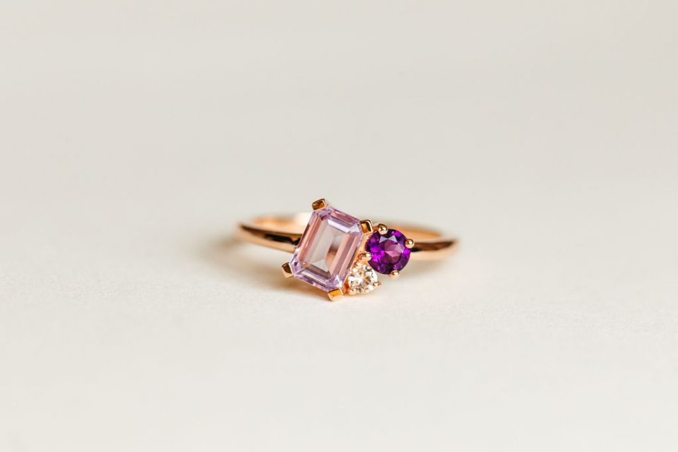 Ring with 7X5MM Emerald Cut Pink Amethyst with Amethyst and White Topaz in 10kt Rose Gold