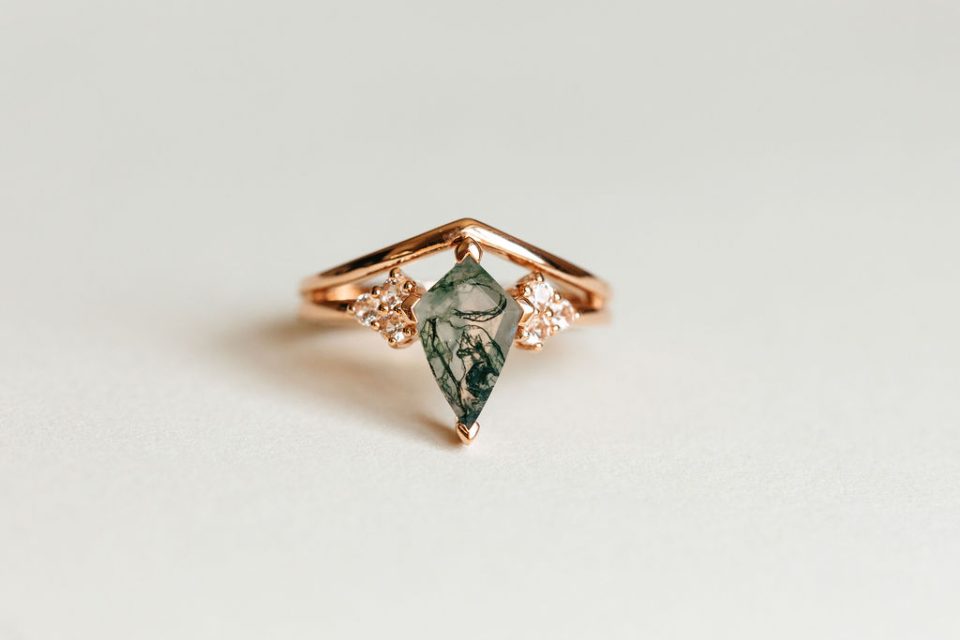 Ring with 11X7MM Kite Shape Moss Agate and White Topaz in 10kt Rose Gold