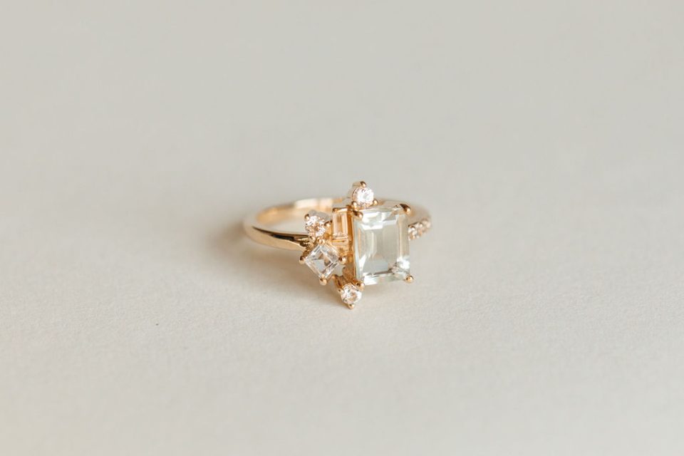 Ring with 8X6MM Emerald Cut Green Amethyst and White Topaz in 10kt Yellow Gold