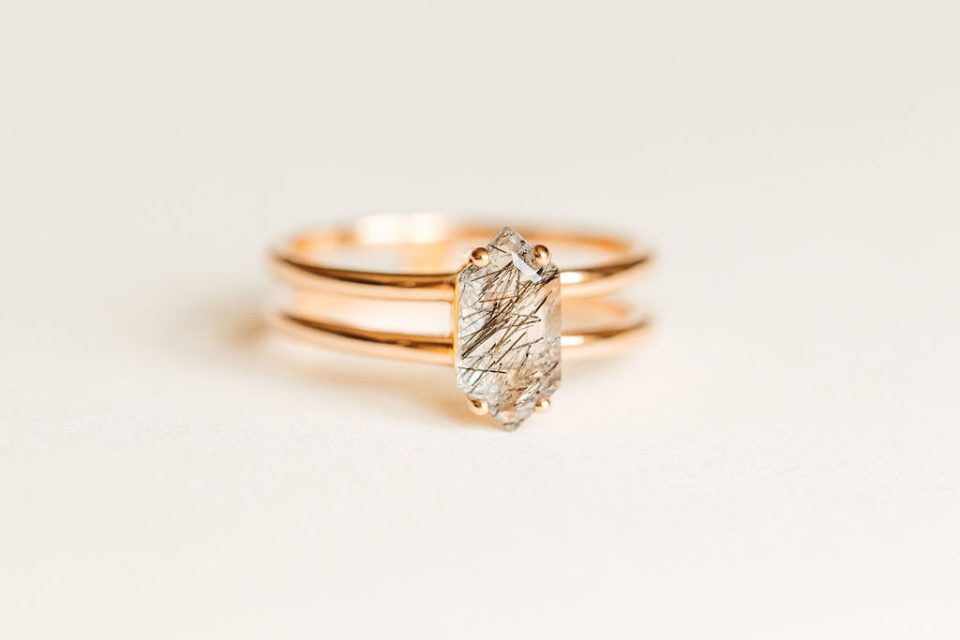 Ring with 10X5MM Elongated Hexagon Rutilated Quartz in 10kt Rose Gold